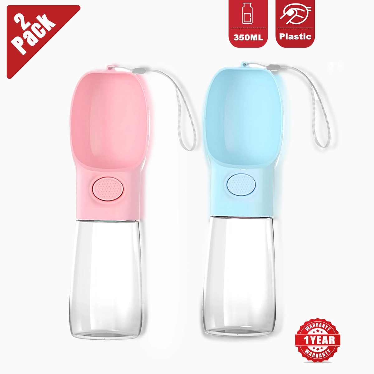 2 Pack Dog Water Bottles, 12Oz Leak Proof Portable Pet Water Dispenser for Outdoor Walking, Hiking, Travel (Blue & Pink)
