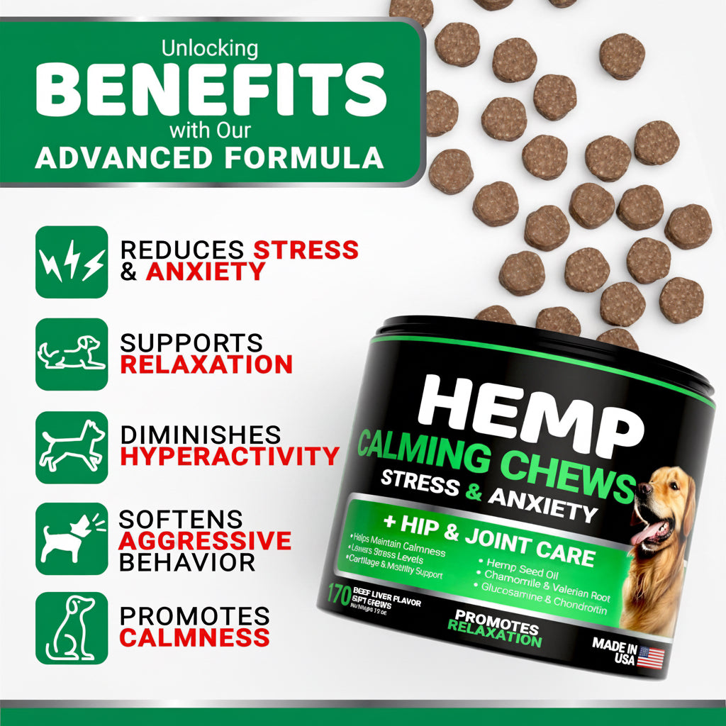 Hemp Calming Chews for Dogs Advanced Dog Calming Chews 170 Treats Anxiety Relief Treats Hemp Oil Separation Aid Stress Hip and Joint Supplement for Canine Health Support Beef Flavor