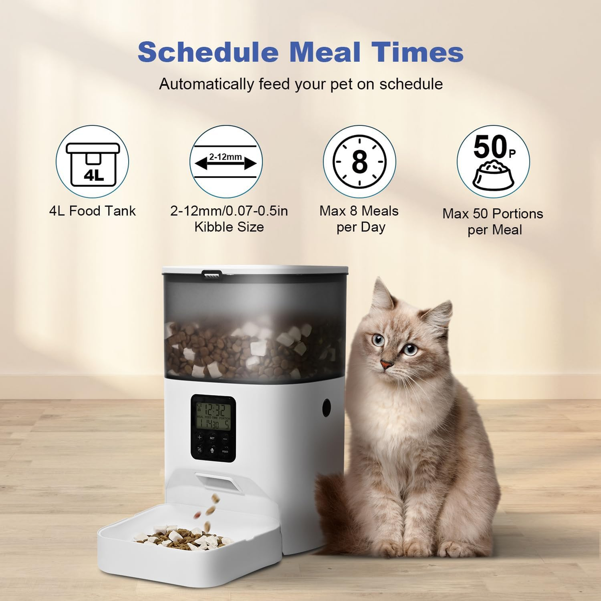Automatic Cat Feeder, 4L Cat Food Dispenser with 10S Voice Recorder, Pet Feeder up to 8 Meals per Day, Timed Dog Feeder with Dry Food Sealed Ring