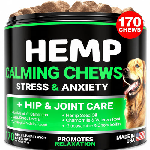 Hemp Calming Chews for Dogs Advanced Dog Calming Chews 170 Treats Anxiety Relief Treats Hemp Oil Separation Aid Stress Hip and Joint Supplement for Canine Health Support Beef Flavor