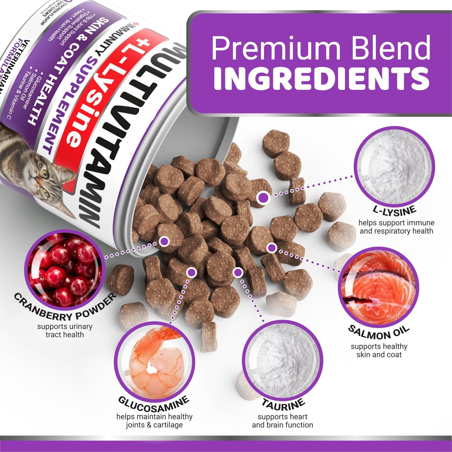 Cats Multivitamin Chewable Hip Joint Support Immune Health Skin Heart Digestion Probiotics