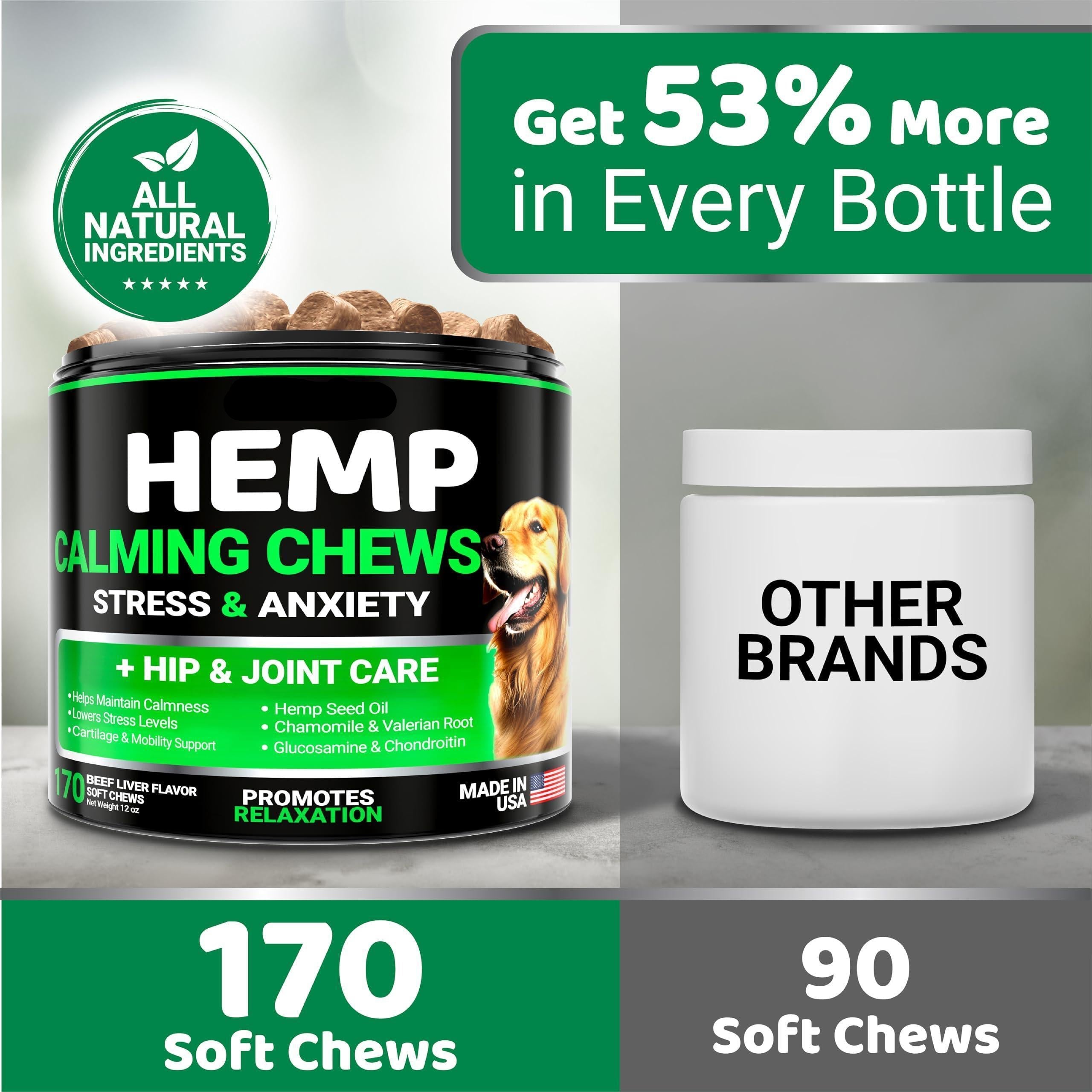 Hemp Calming Chews for Dogs Advanced Dog Calming Chews 170 Treats Anxiety Relief Treats Hemp Oil Separation Aid Stress Hip and Joint Supplement for Canine Health Support Beef Flavor
