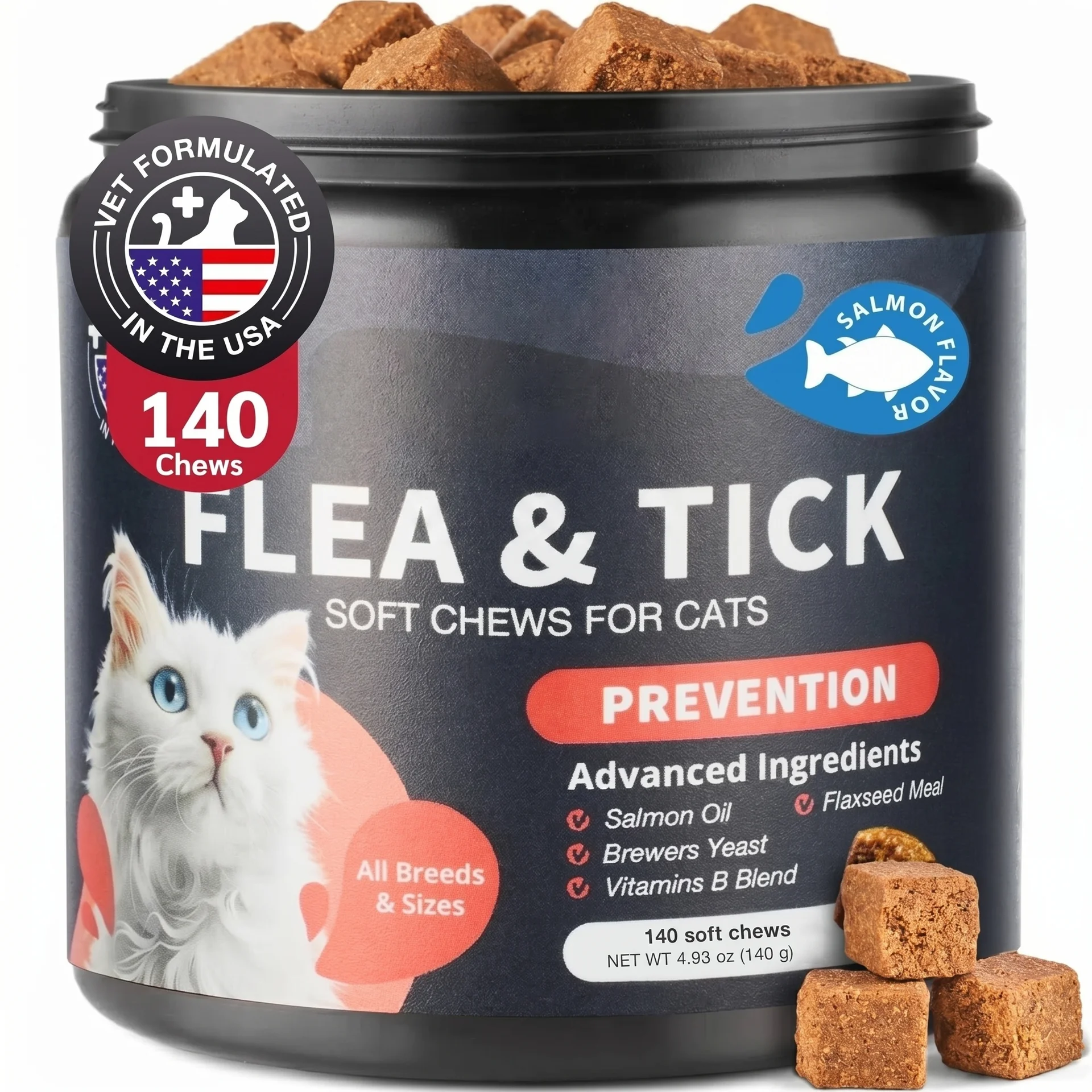 Flea Support Chews for Cats Salmon Flavor Flea and Tick Supplement for Cats Daily Oral Cat Flea and Tick Treatment Chews Soft Treats for All Breeds & Ages