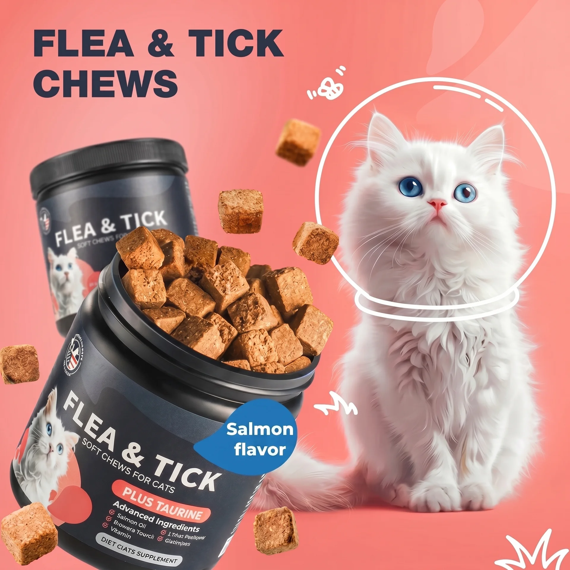 Flea Support Chews for Cats Salmon Flavor Flea and Tick Supplement for Cats Daily Oral Cat Flea and Tick Treatment Chews Soft Treats for All Breeds & Ages