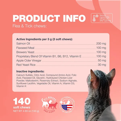Flea Support Chews for Cats Salmon Flavor Flea and Tick Supplement for Cats Daily Oral Cat Flea and Tick Treatment Chews Soft Treats for All Breeds & Ages